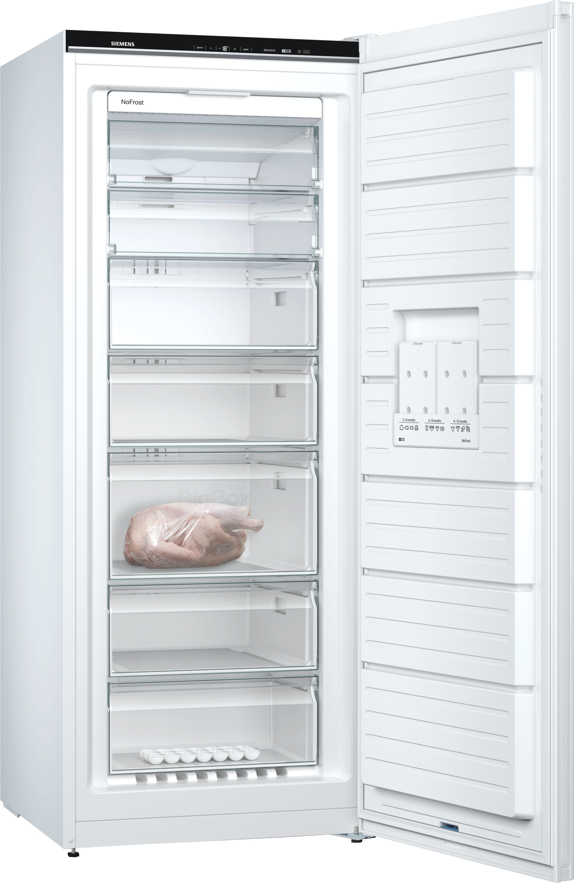 Weißer Siemens-Gefrierschrank mit offener Tür, Schubladen und Essen.