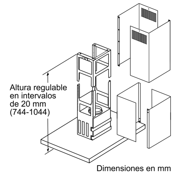 Diagrama de la instalación de una campana extractora. Se muestran varias partes.