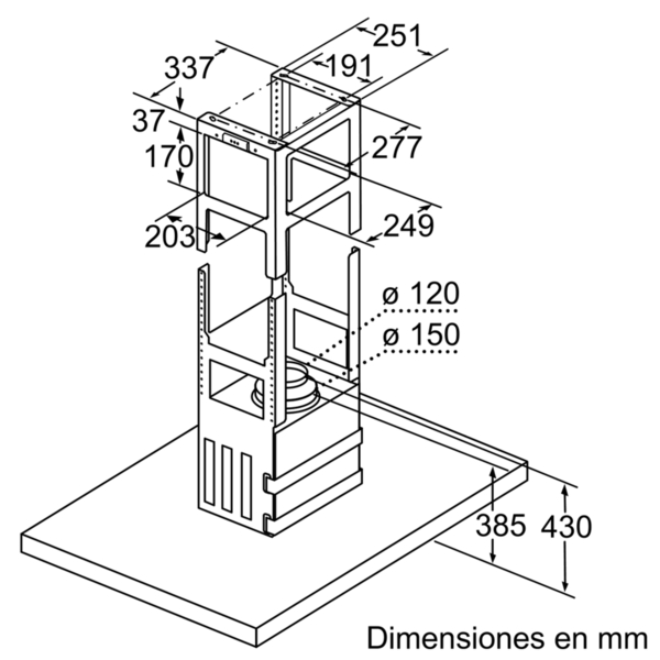 Vista isométrica de una campana extractora de cocina metálica con dimensiones en mm.