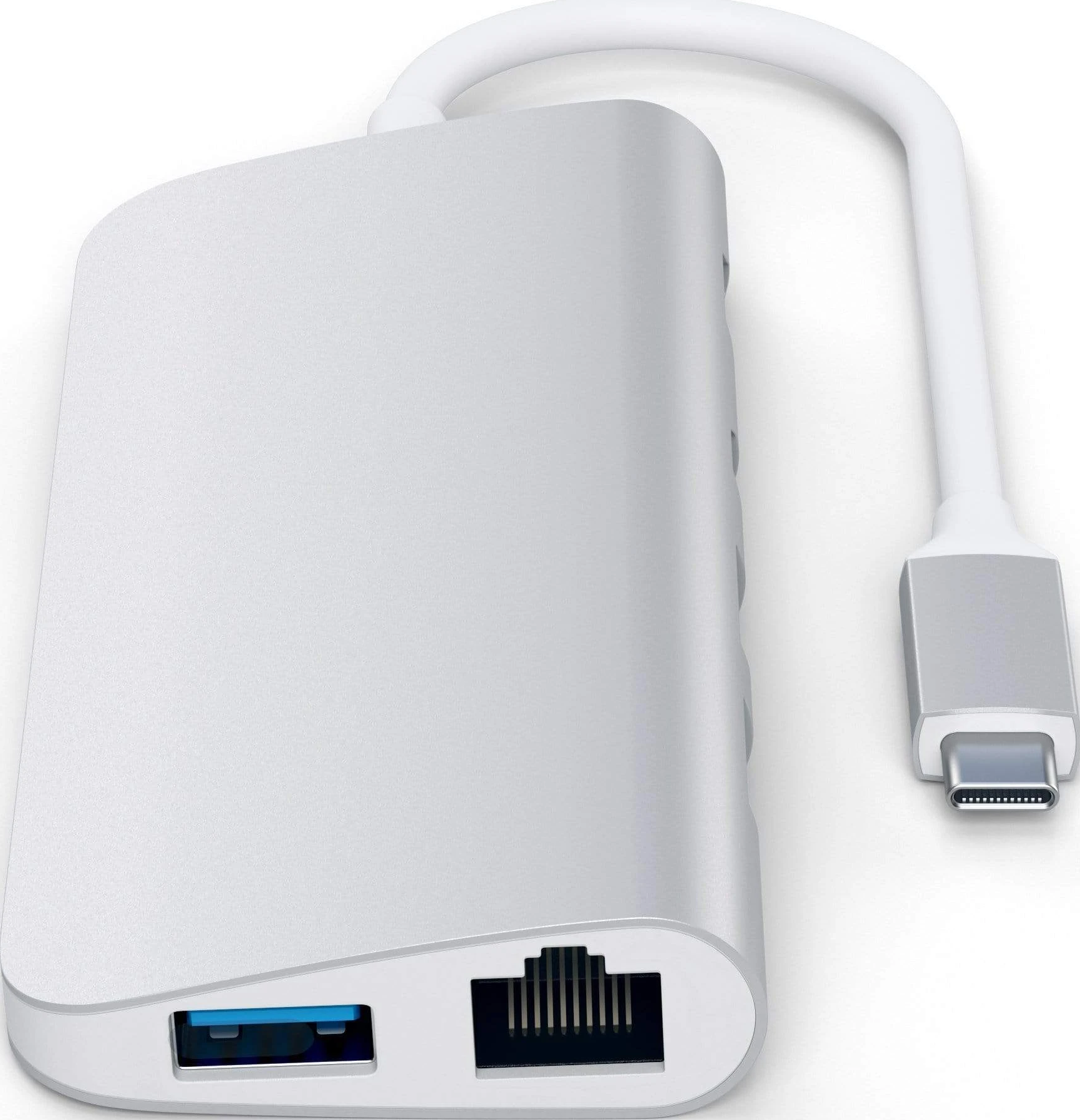 Hub USB-C argentato con porta Ethernet, porta USB e cavo collegato con connettore USB-C.
