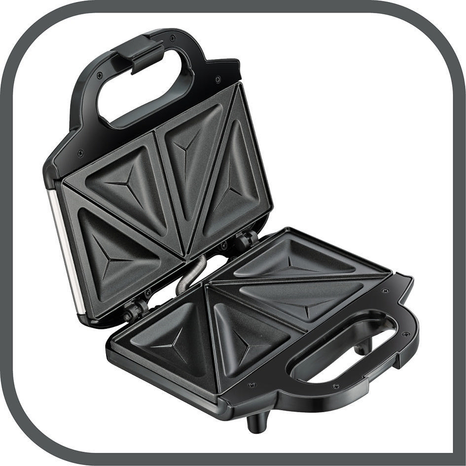 Ein schwarzer Sandwichmaker, geöffnet, mit vier dreieckigen Kochflächen.