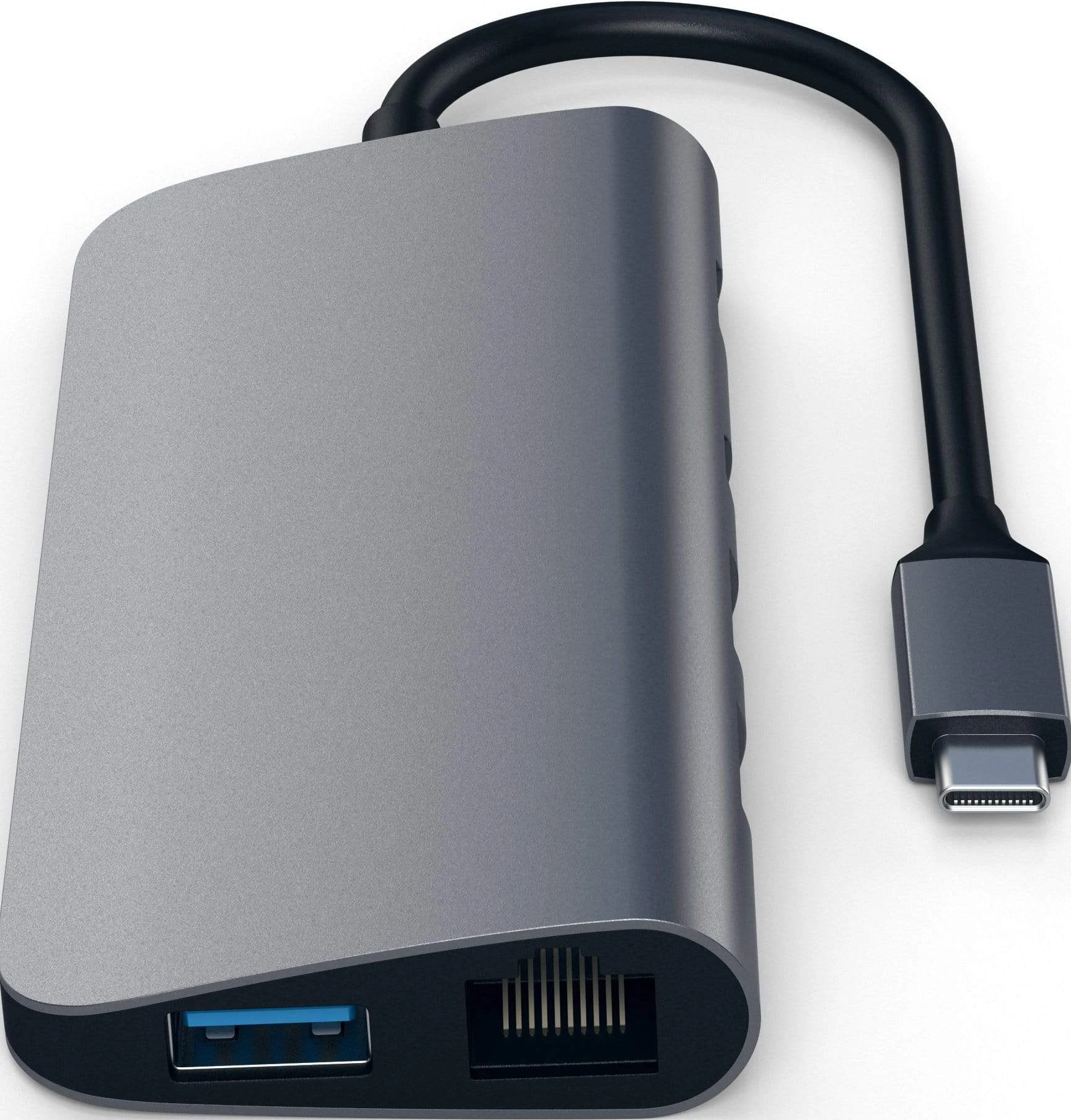 Ein grauer USB-Hub mit USB-Anschluss, Ethernet-Anschluss und USB-C-Kabel.