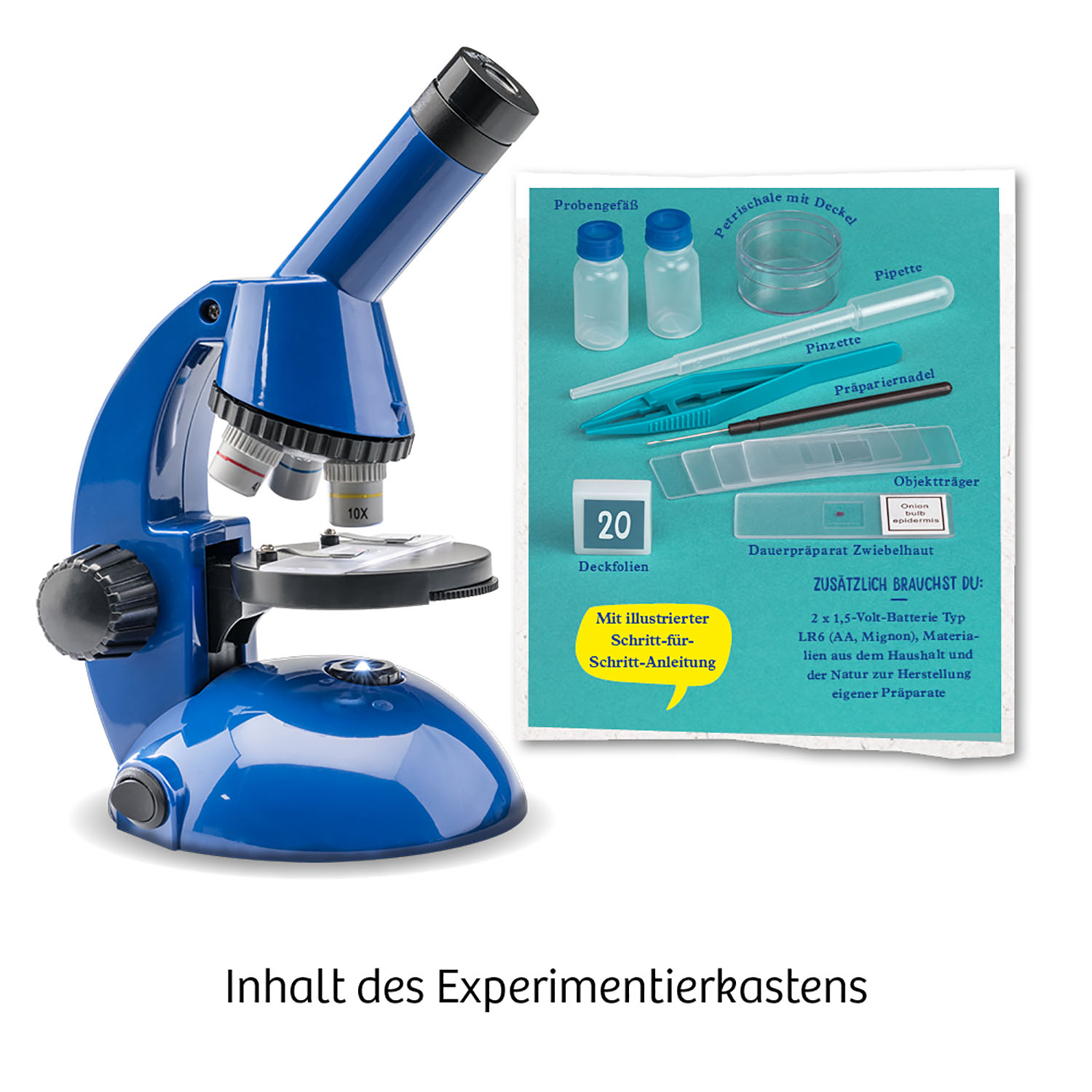 Ein blaues Mikroskop mit Experimentierausrüstung.