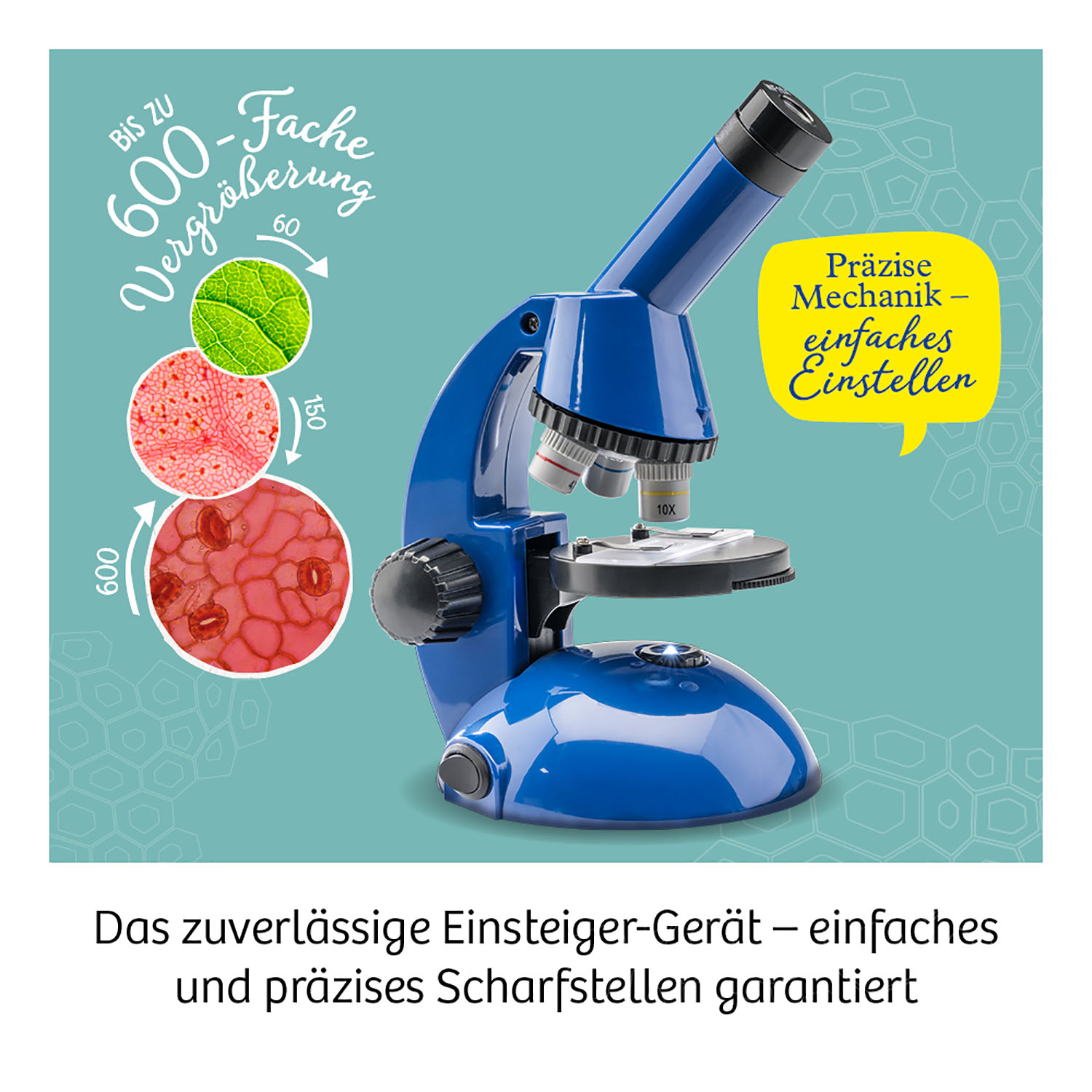 Blaues Mikroskop mit Text, der Vergrößerungsstufen angibt, auf blauem Hintergrund.