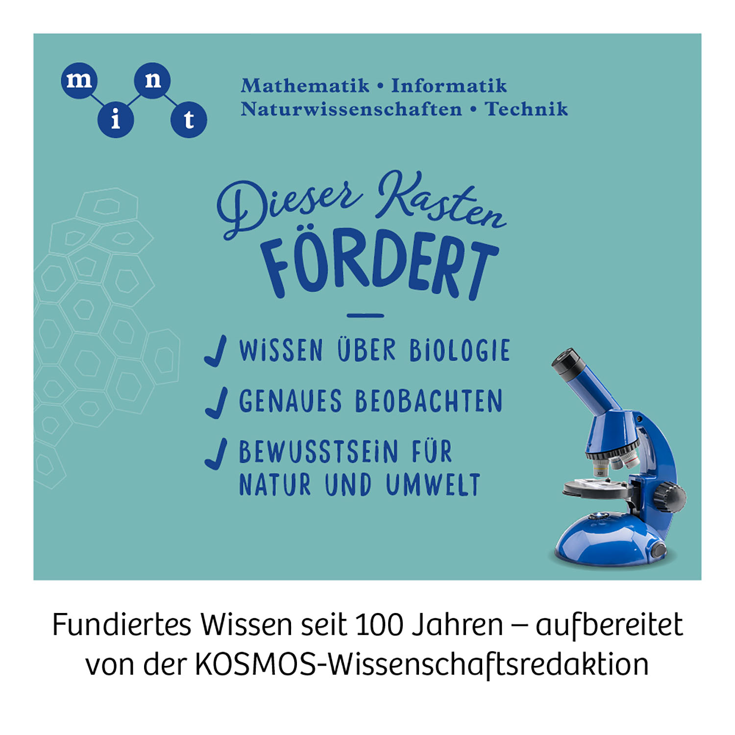 Blaues Mikroskop mit Text auf blauem Hintergrund, Förderung der naturwissenschaftlichen Bildung.
