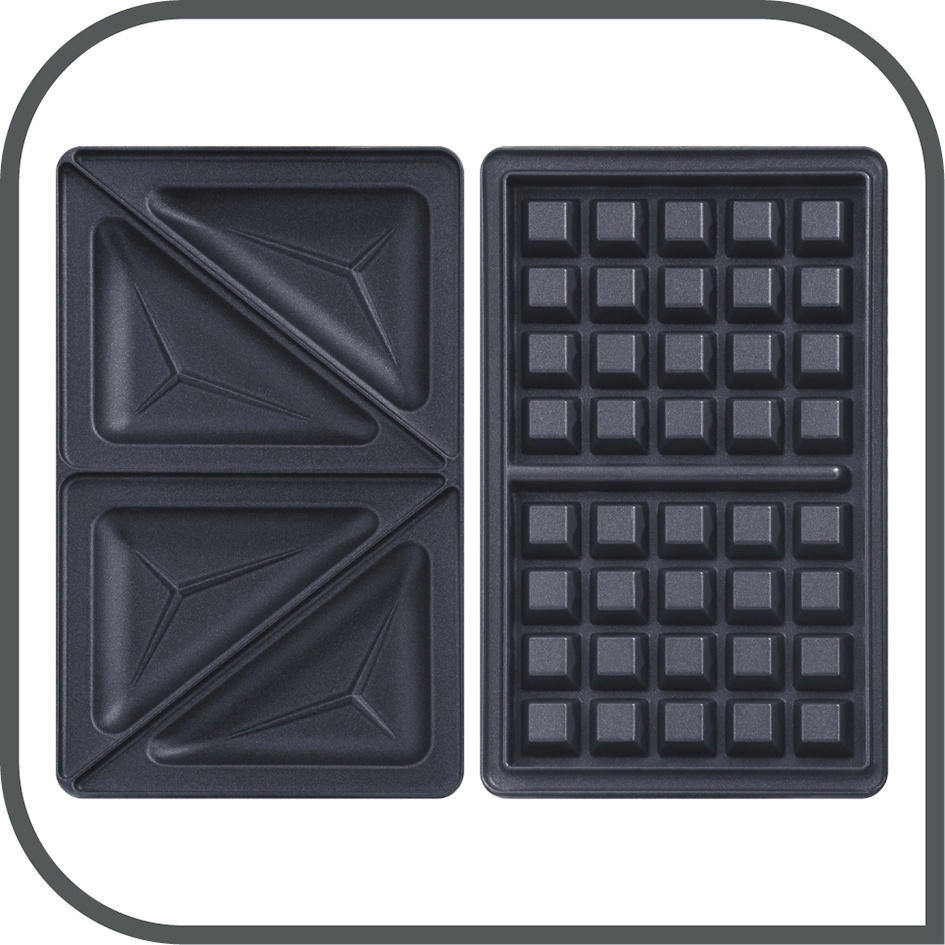 Ein Waffeleisen mit zwei Abschnitten. Jeder Abschnitt hat ein Dreiecks- und Quadratmuster.