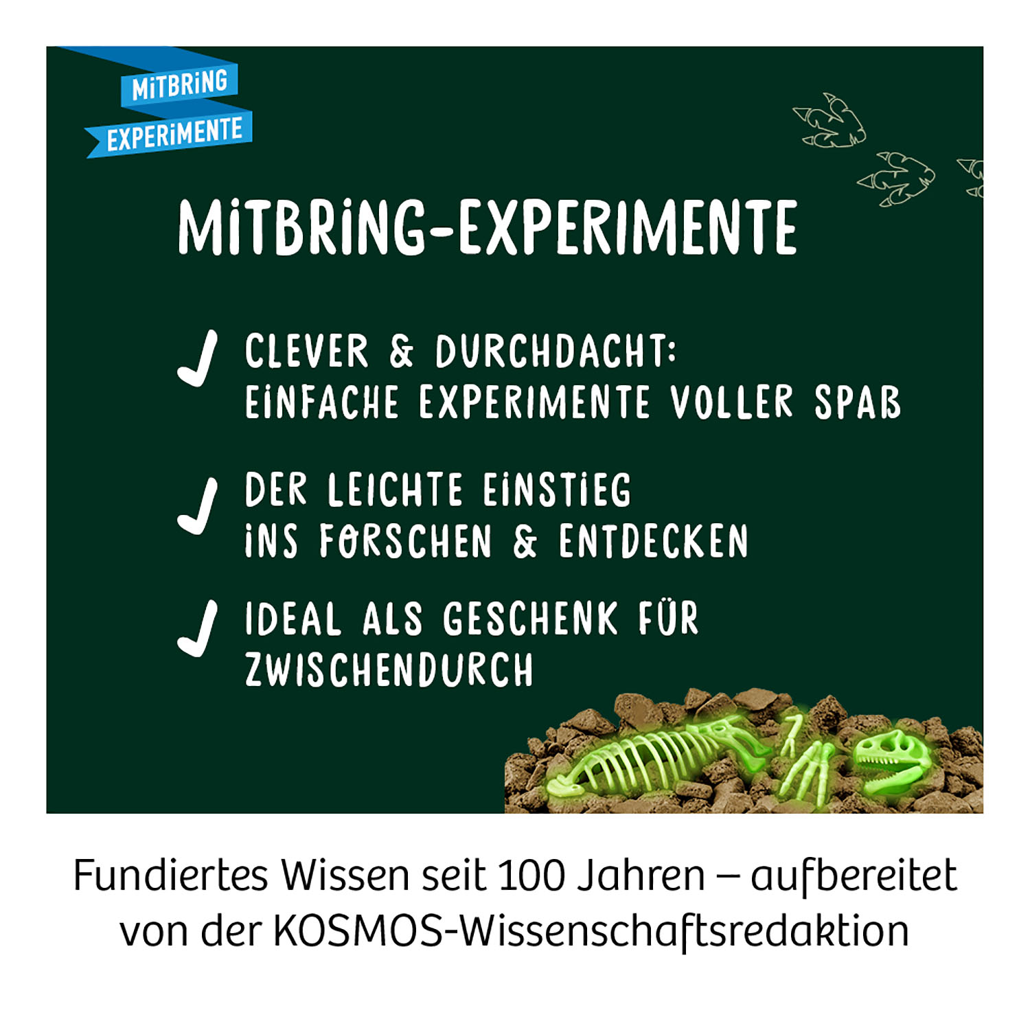 Ein grüner Tafelhintergrund mit weißem Text und einem Dinosaurierfossil.
