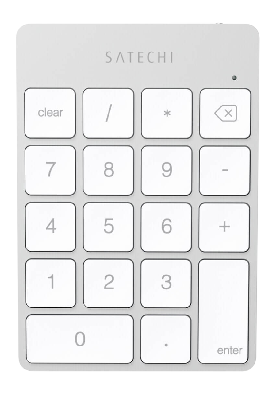 Clavier numérique Satechi blanc avec touches carrées. Comprend des chiffres, des symboles et une touche clear.