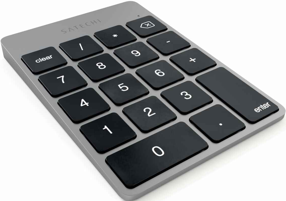 Calculatrice grise avec des boutons noirs et des chiffres blancs.