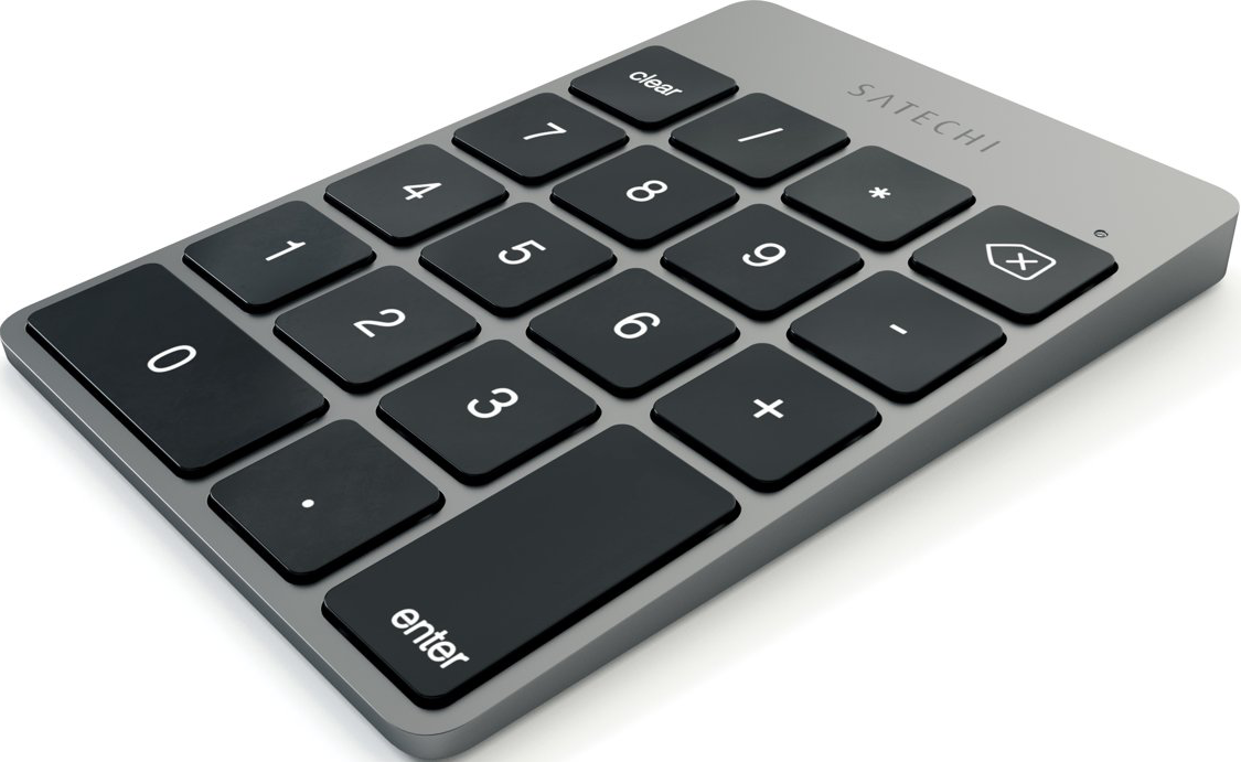 Pavé numérique Satechi argenté avec touches noires. Comprend chiffres, arithmétique et touche Entrée.