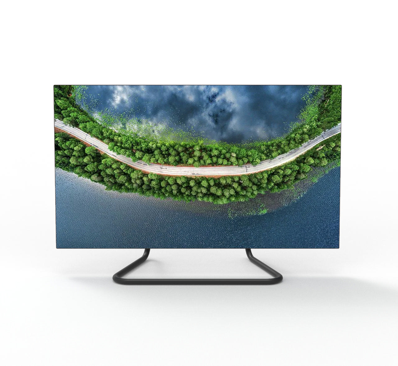 Ein Computermonitor mit einer Landschaft aus Bäumen und Wasser auf dem Bildschirm. Weißer Hintergrund.
