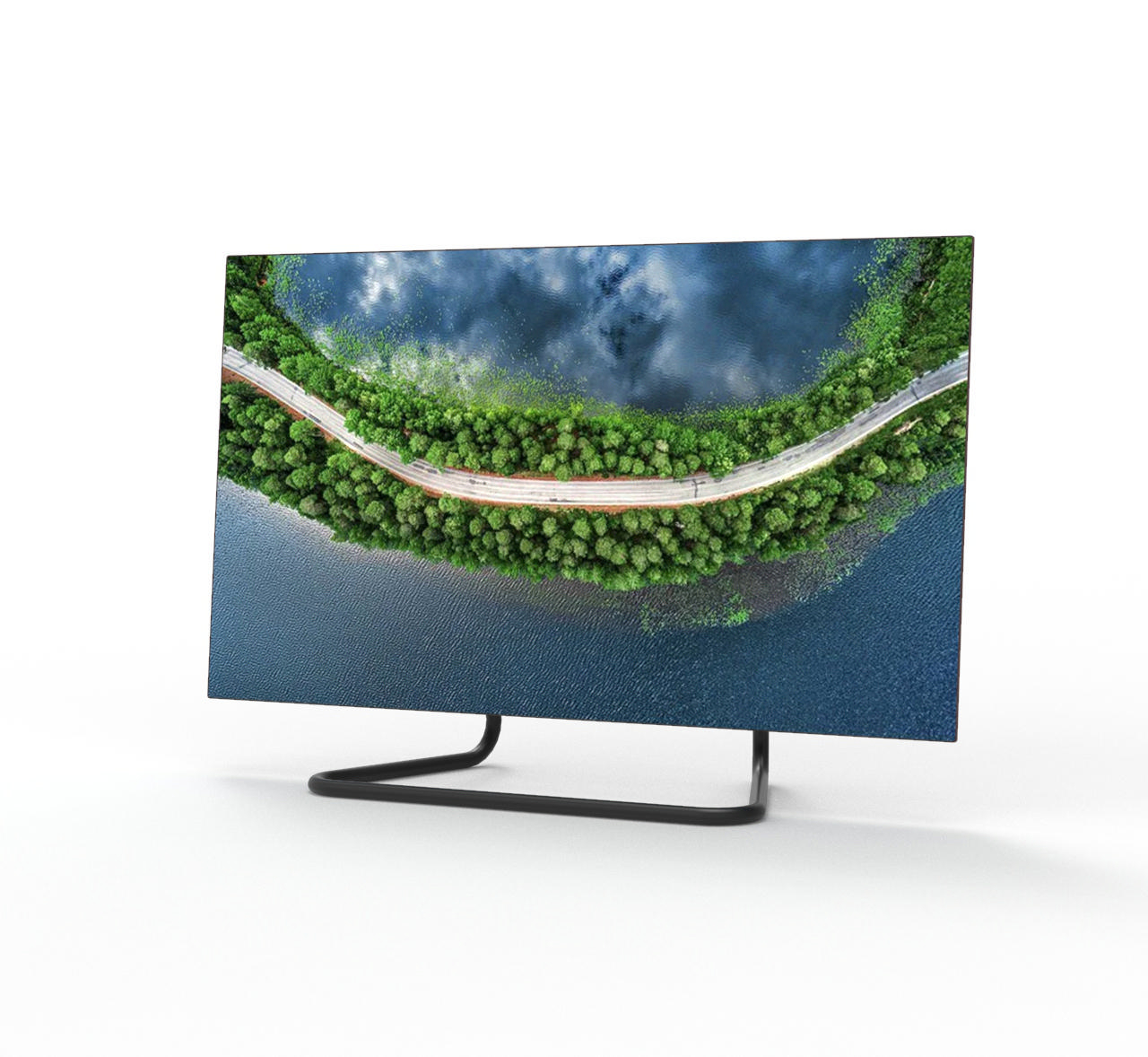 Moderner Fernseher auf einem Ständer, zeigt eine Straße durch Bäume über See.