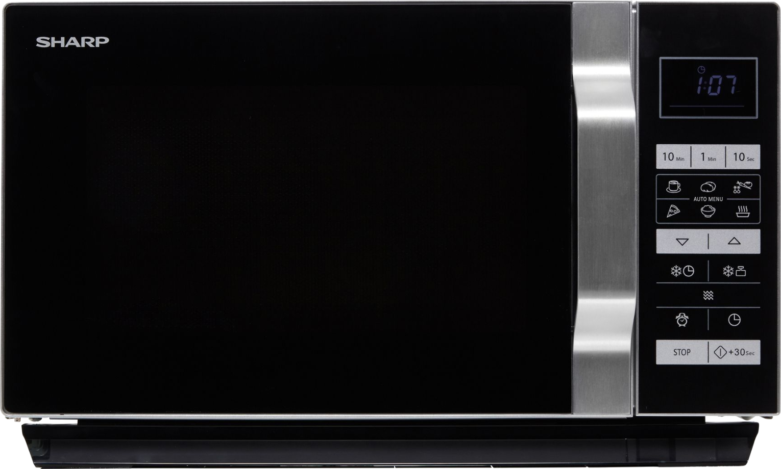 Un micro-ondes noir avec un affichage d'horloge numérique.