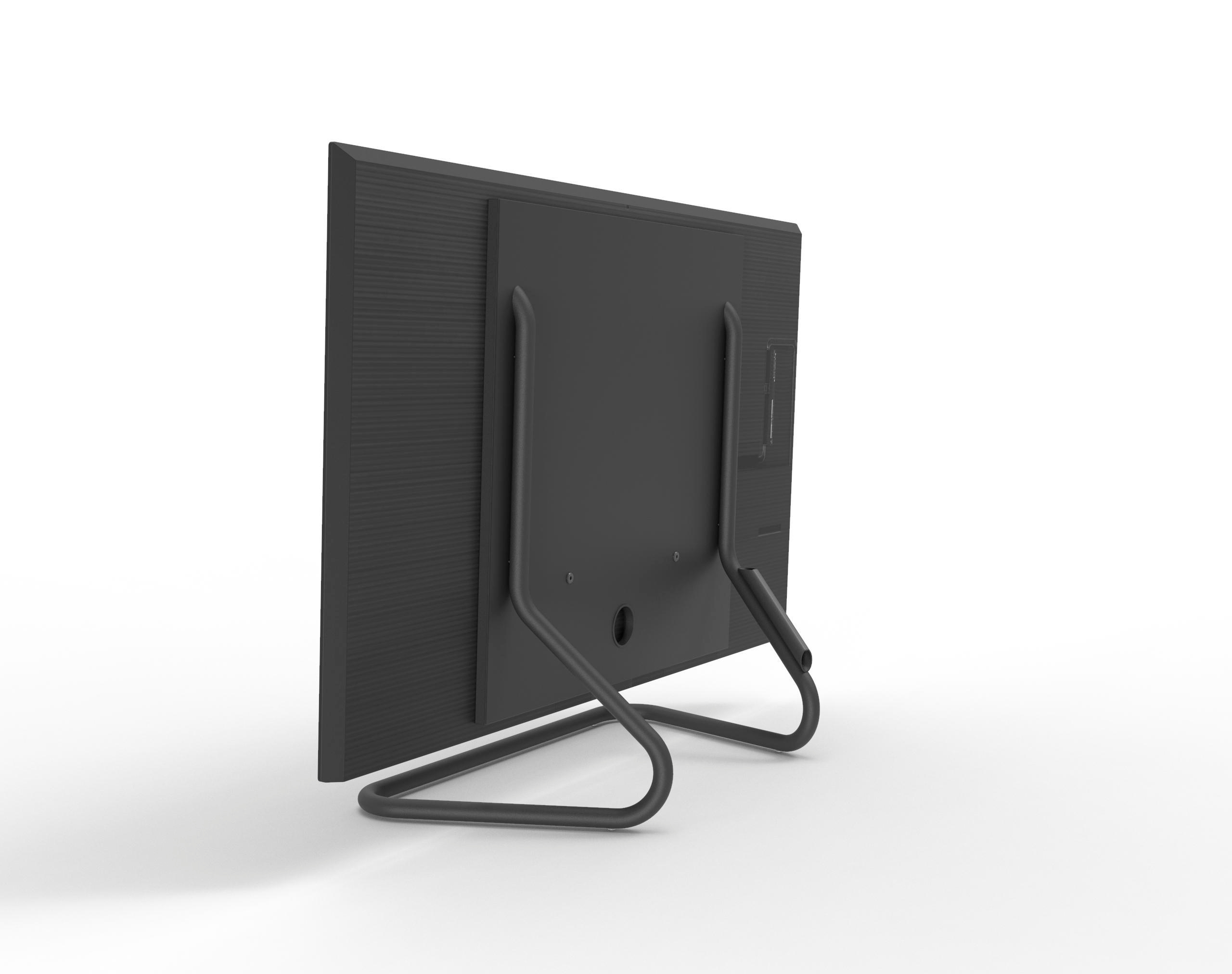 Ein schwarzer Computermonitor mit einem Ständer. Die Rückseite ist sichtbar.
