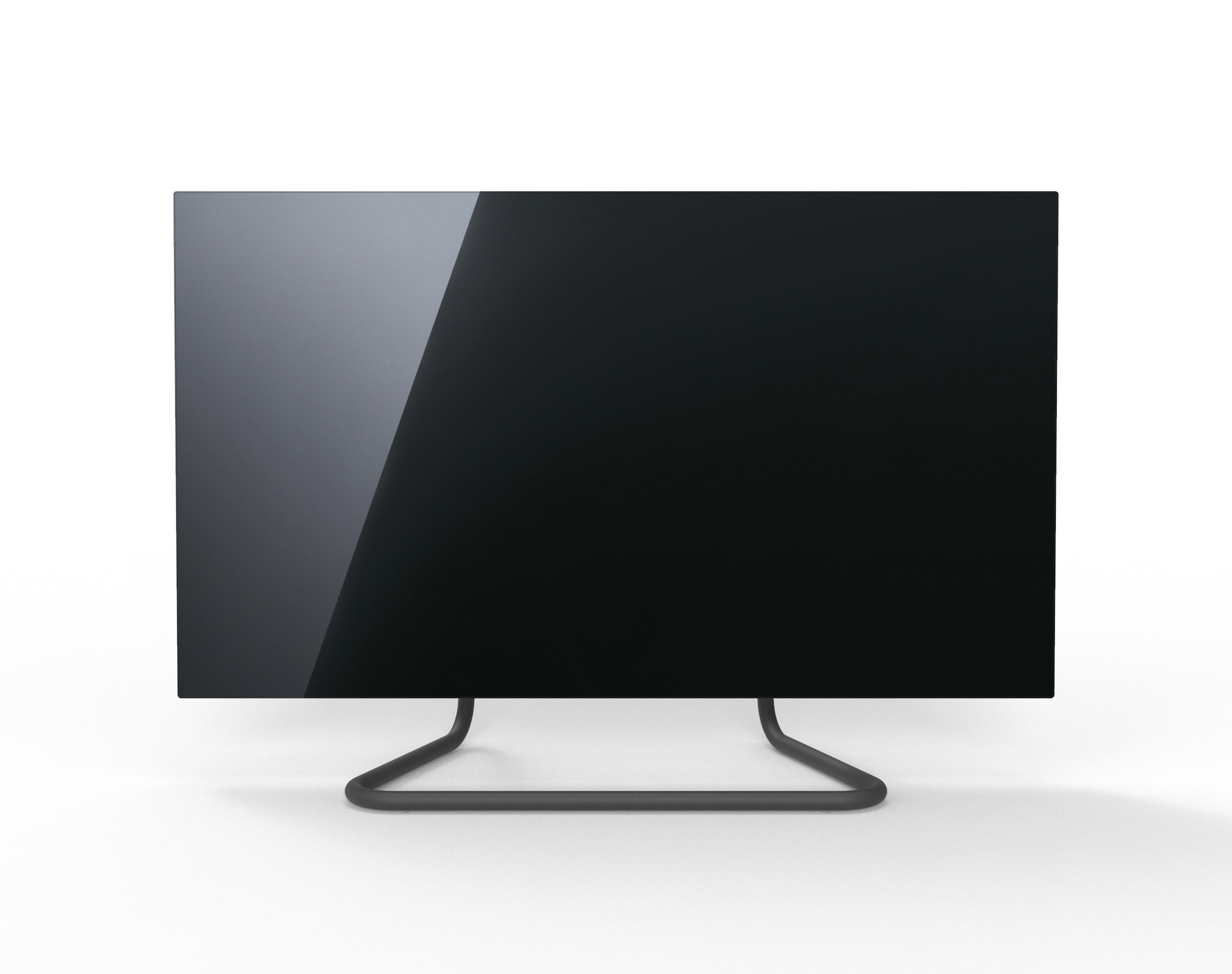 Ein schwarzer TV-Bildschirm auf einem minimalistischen Ständer. Der Bildschirm ist aus.