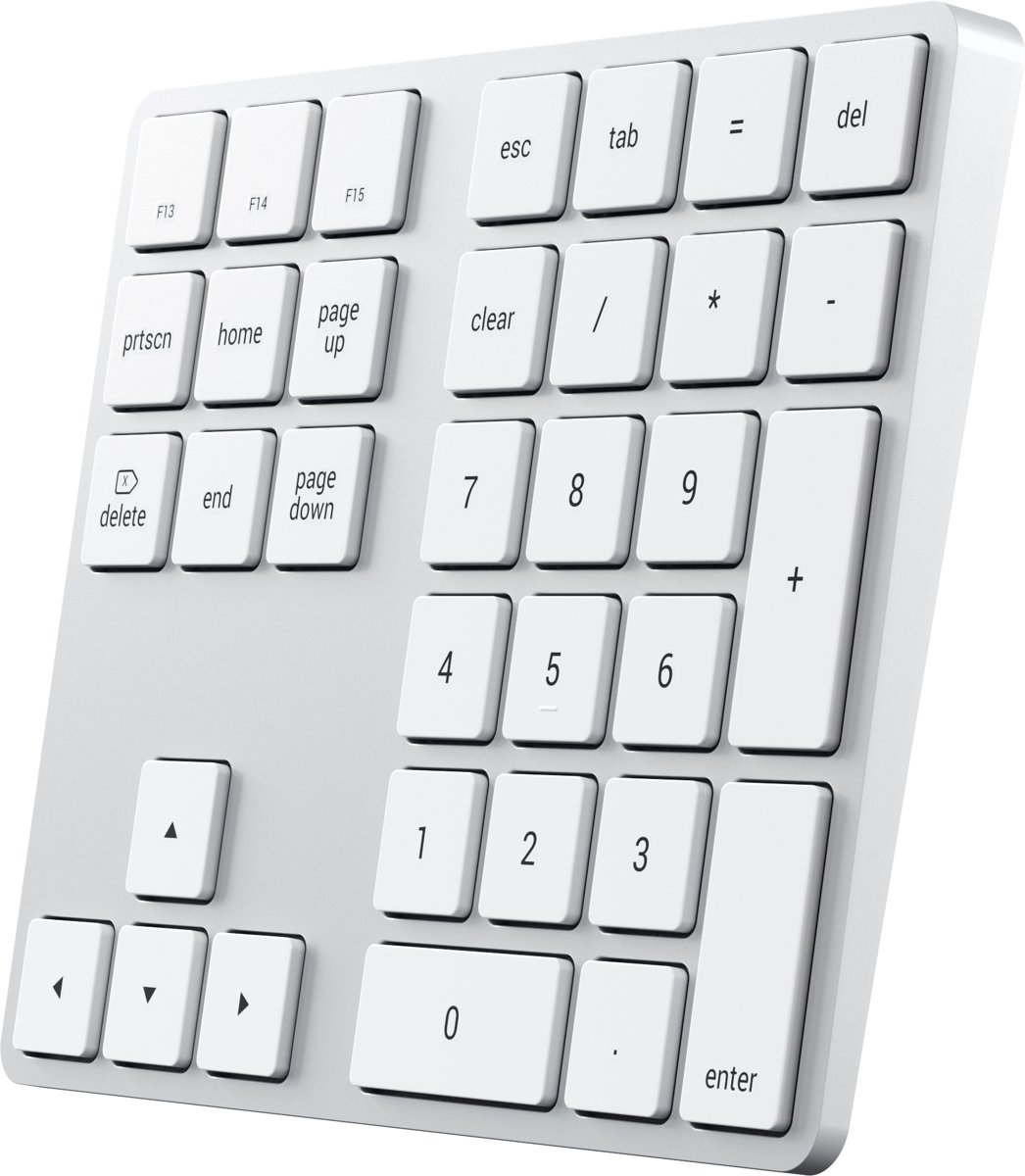 Ein weißer numerischer Tastenblock mit weißen Tasten. Er hat Zahlen, Symbole und Funktionstasten. Der Hintergrund ist schlicht weiß.