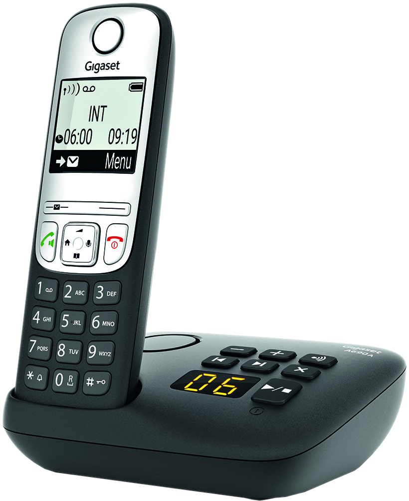 Téléphone sans fil noir et argent avec écran et pavé numérique sur la base.