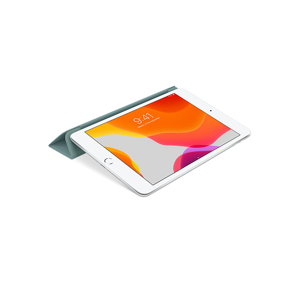 iPad blanco con funda, mostrando la hora. Funda turquesa en el fondo.