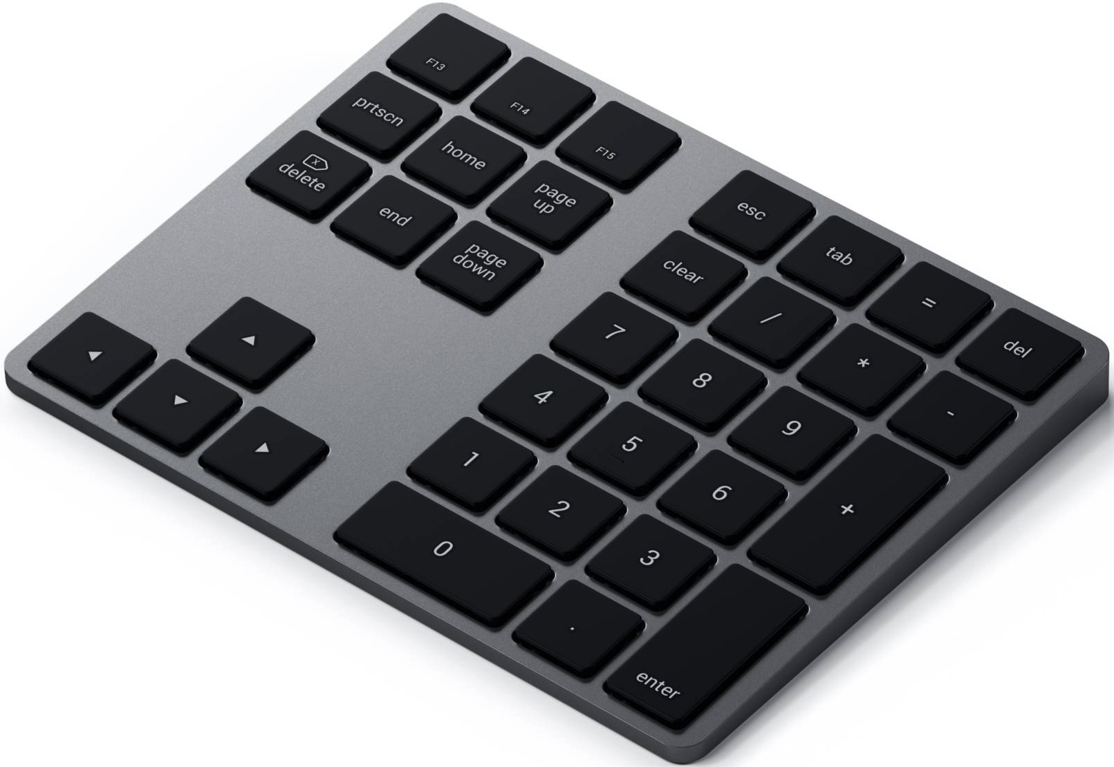 Eine graue Tastatur mit schwarzen Tasten und einem Nummernblock. Inklusive Funktionstasten und Pfeiltasten.