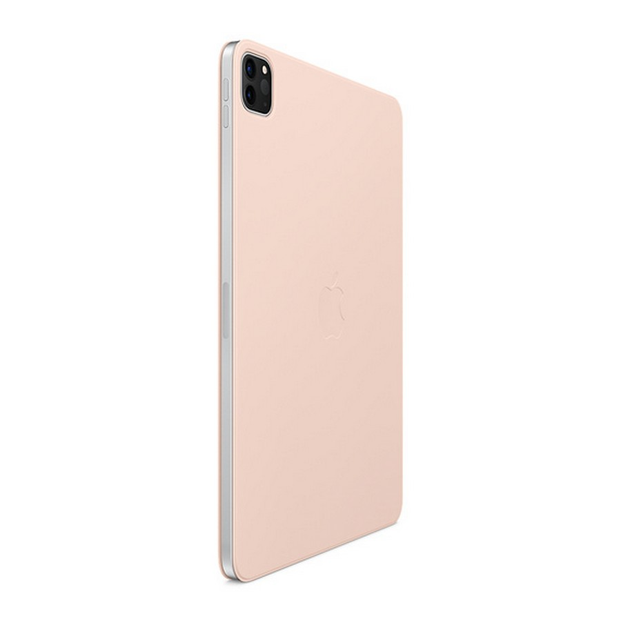 iPad rosa con funda, mostrando la parte trasera con el logo de Apple.