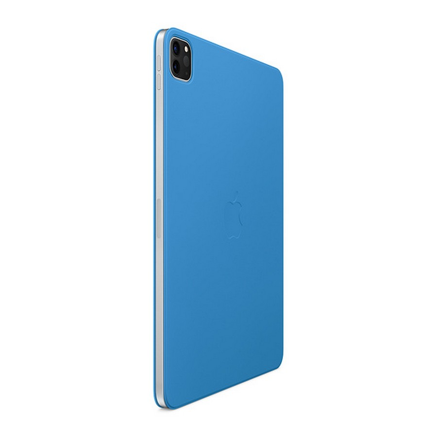 Funda azul para tableta. La tableta tiene un marco plateado y el logotipo de Apple en la parte trasera.