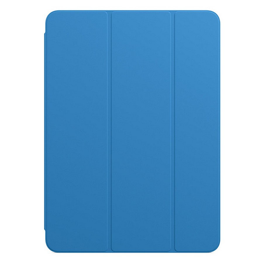 Una funda azul para tableta con tres paneles.