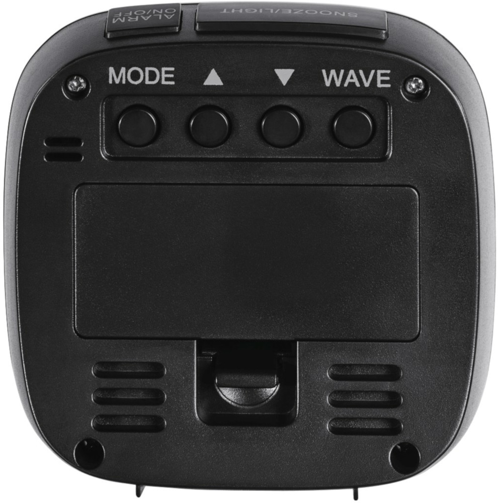 Black alarm clock with buttons, and text: mode, wave, snooze.