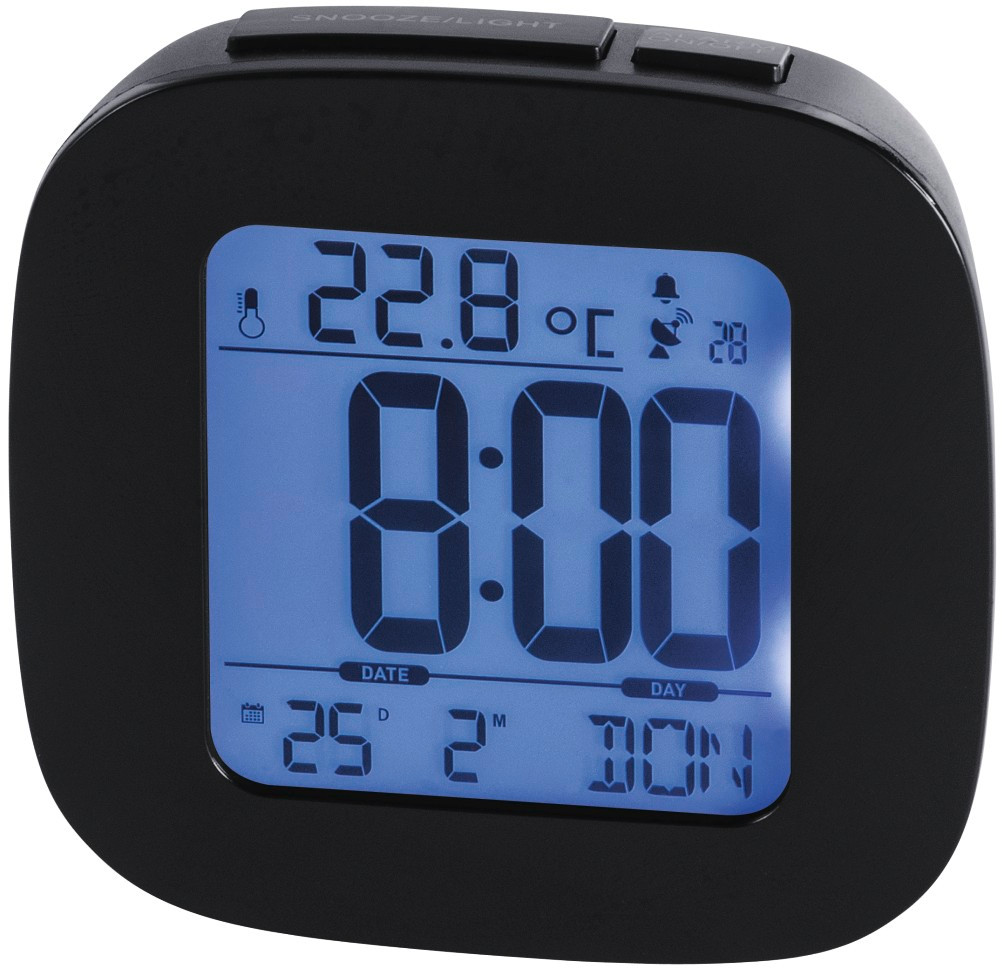 A black digital alarm clock with a blue display showing time, date, and temperature.