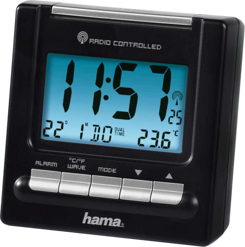 A black digital alarm clock with a blue display and silver buttons.