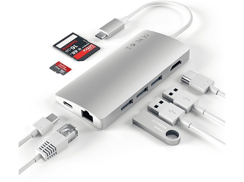 SATECHI Multi-Port Adapter USB-C Hub, 4K60Hz HDMI 2.0, PD 60W, USB 3.0, RJ45, SD/Micro-SD, Silber; USB Hub — Foto 2 von 3