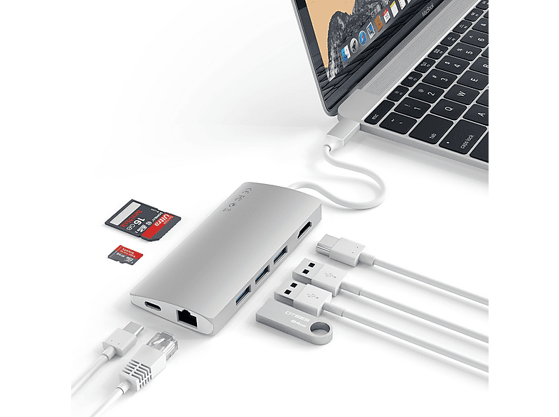 SATECHI Multi-Port Adapter USB-C Hub, 4K60Hz HDMI 2.0, PD 60W, USB 3.0, RJ45, SD/Micro-SD, Silber; USB Hub — Foto 3 von 3