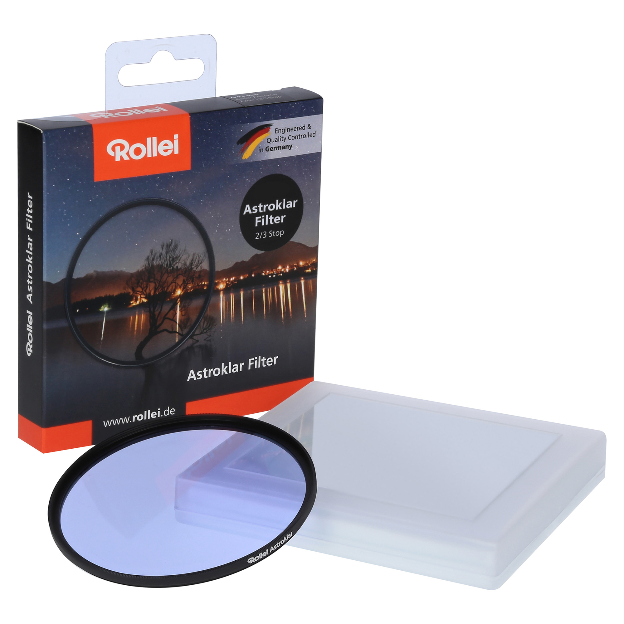 Een Rollei Astroklar filter, etui en doos. Het filter heeft een blauwe tint. De doos toont een nachtscène.