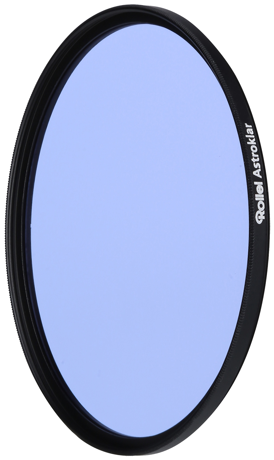 Cirkelvormig camerafilter met een zwart frame en lichtblauw glas. Rollei Astroklar staat op de zijkant.
