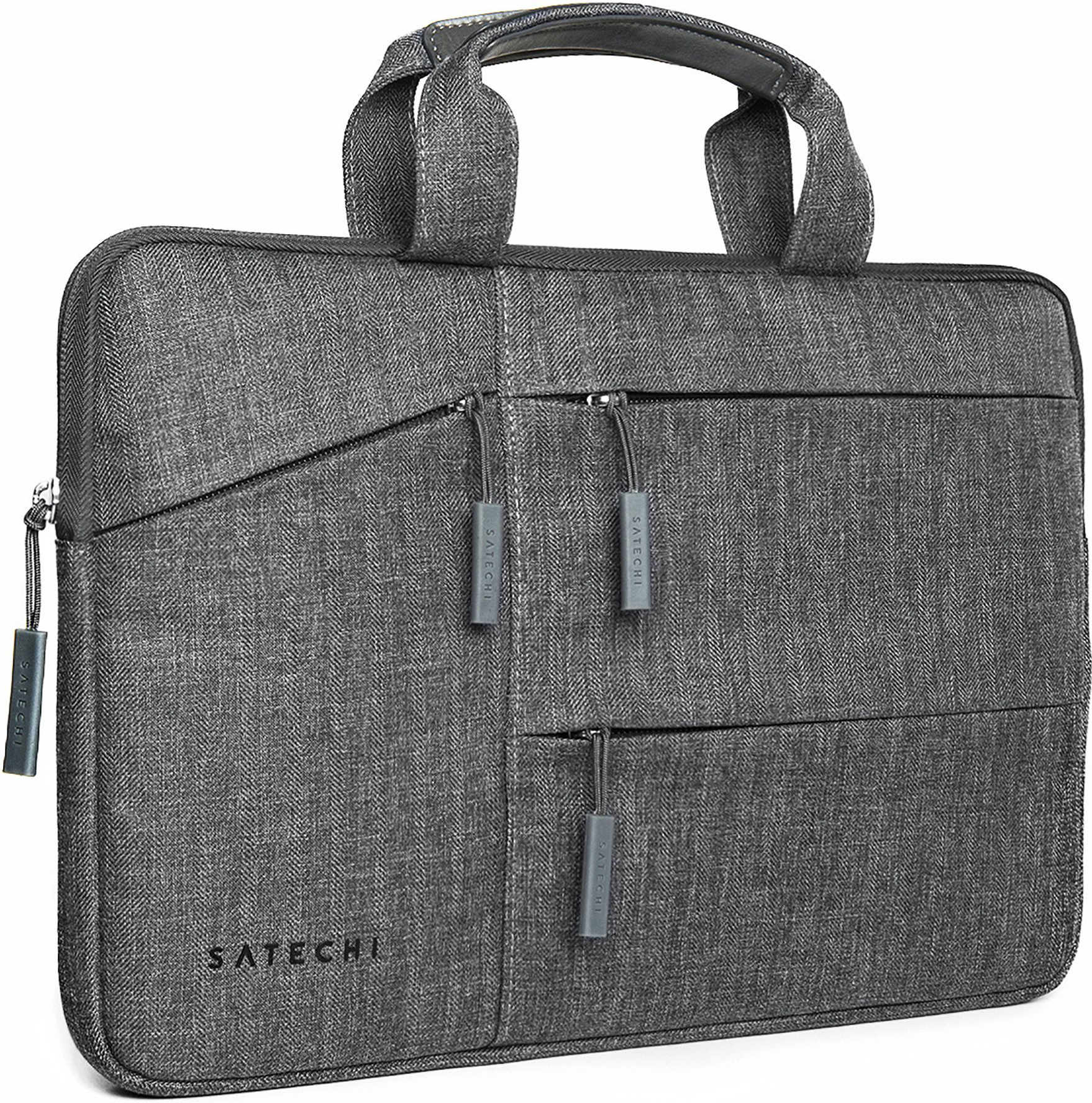 Borsa grigia per laptop con manici e cerniere.