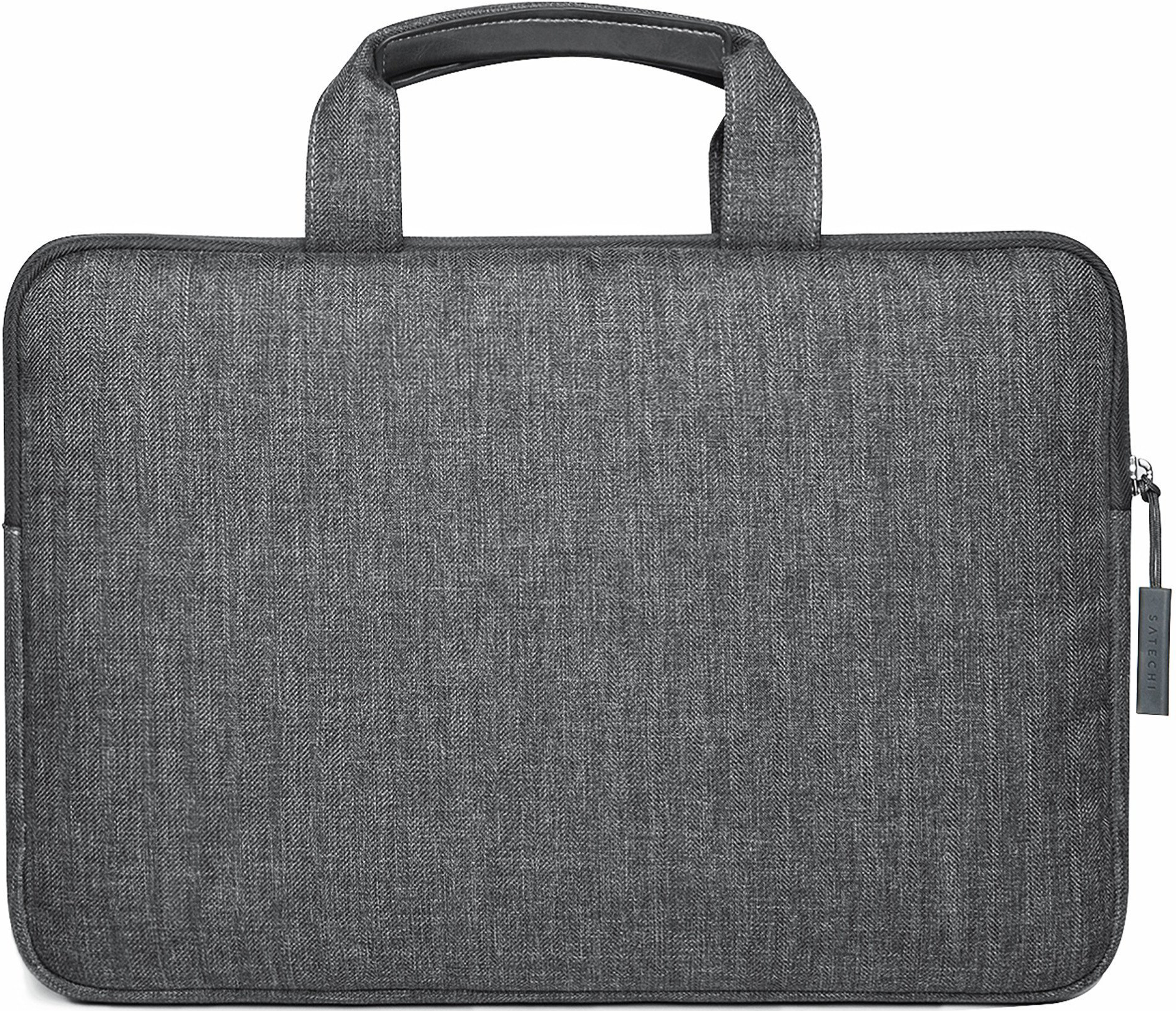 Una borsa per laptop grigia con manici. Ha una cerniera e una piccola etichetta.