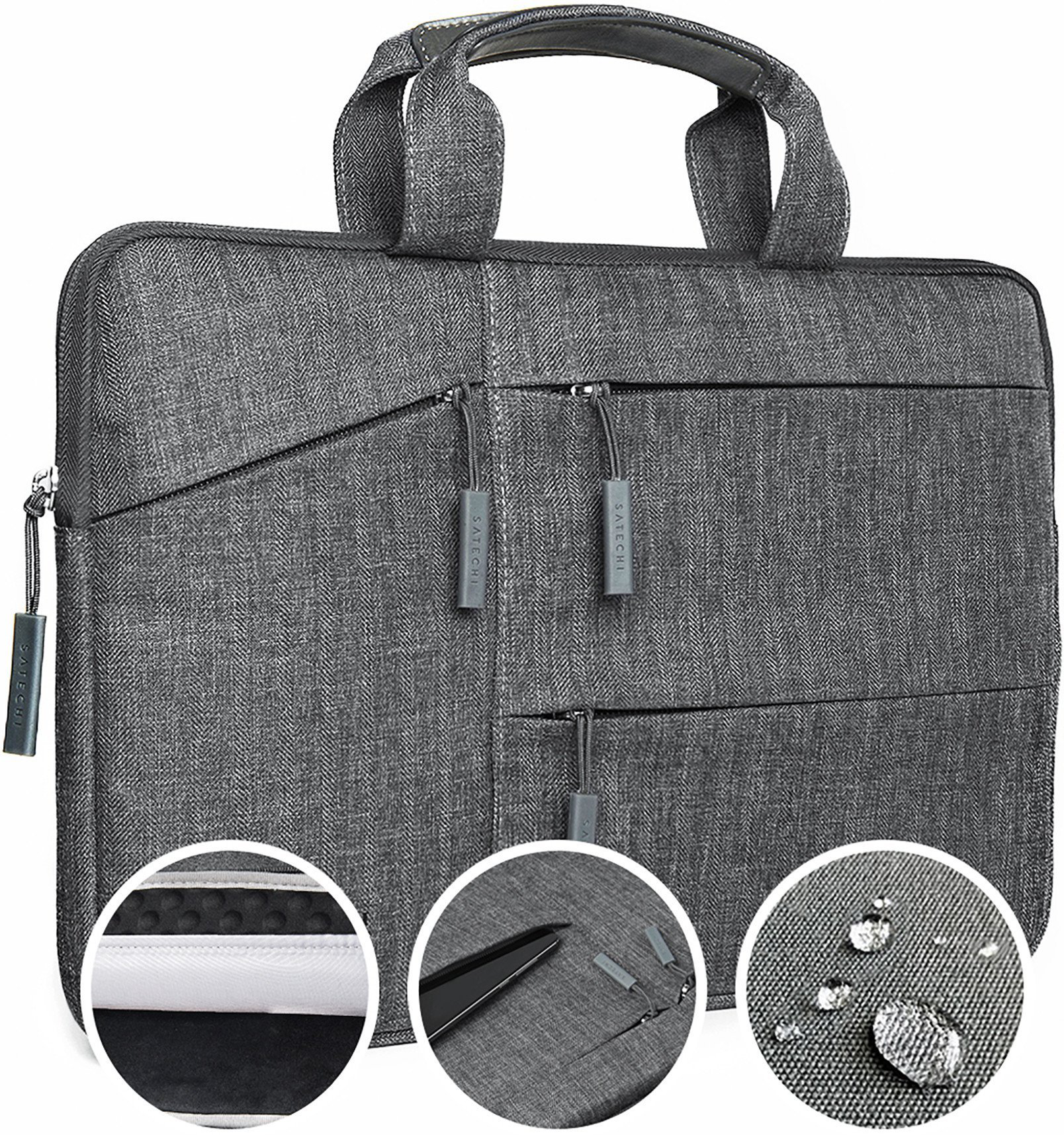Custodia per laptop Satechi grigia con cerniere e maniglia, tre dettagli del materiale.