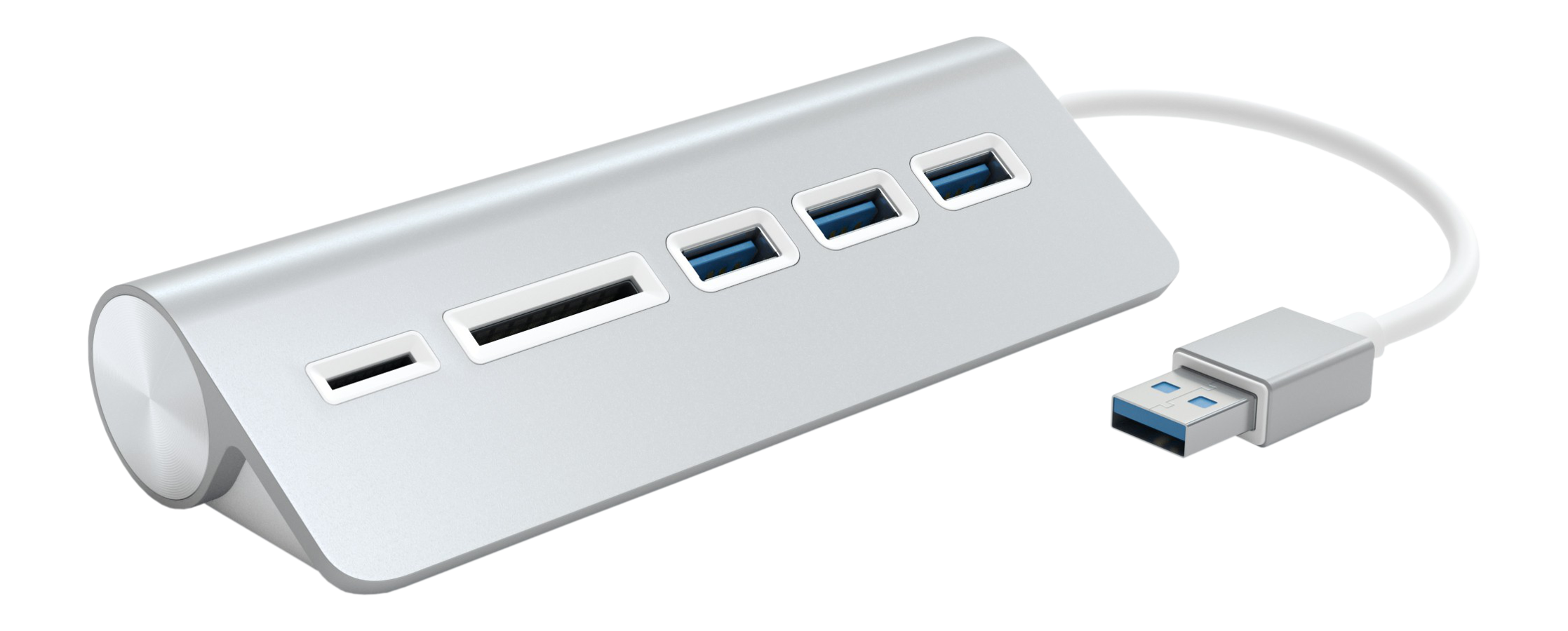 Hub USB argenté avec plusieurs ports et un câble USB attaché.