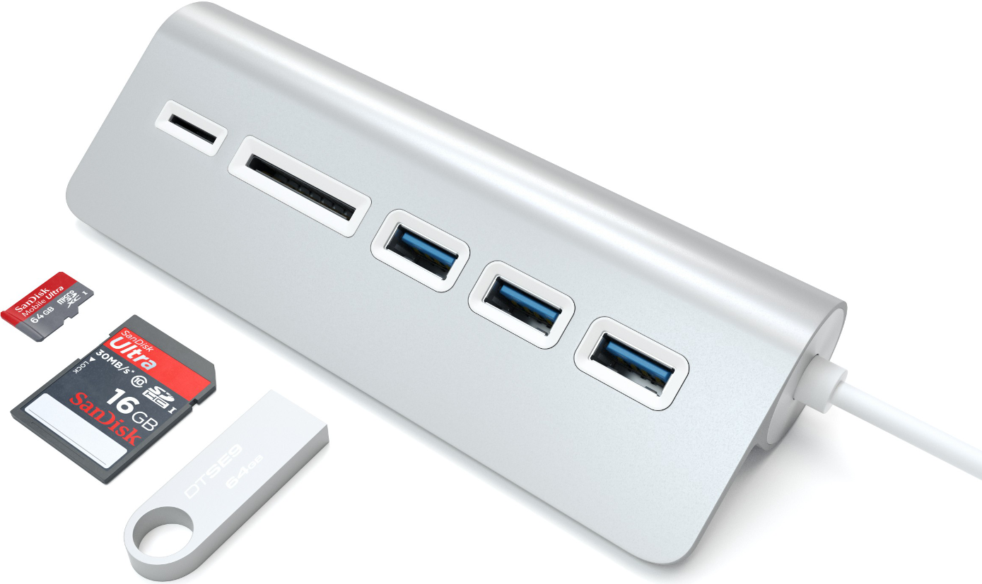 Un hub USB argenté avec lecteur de carte SD, ports USB et connecteur USB-C.