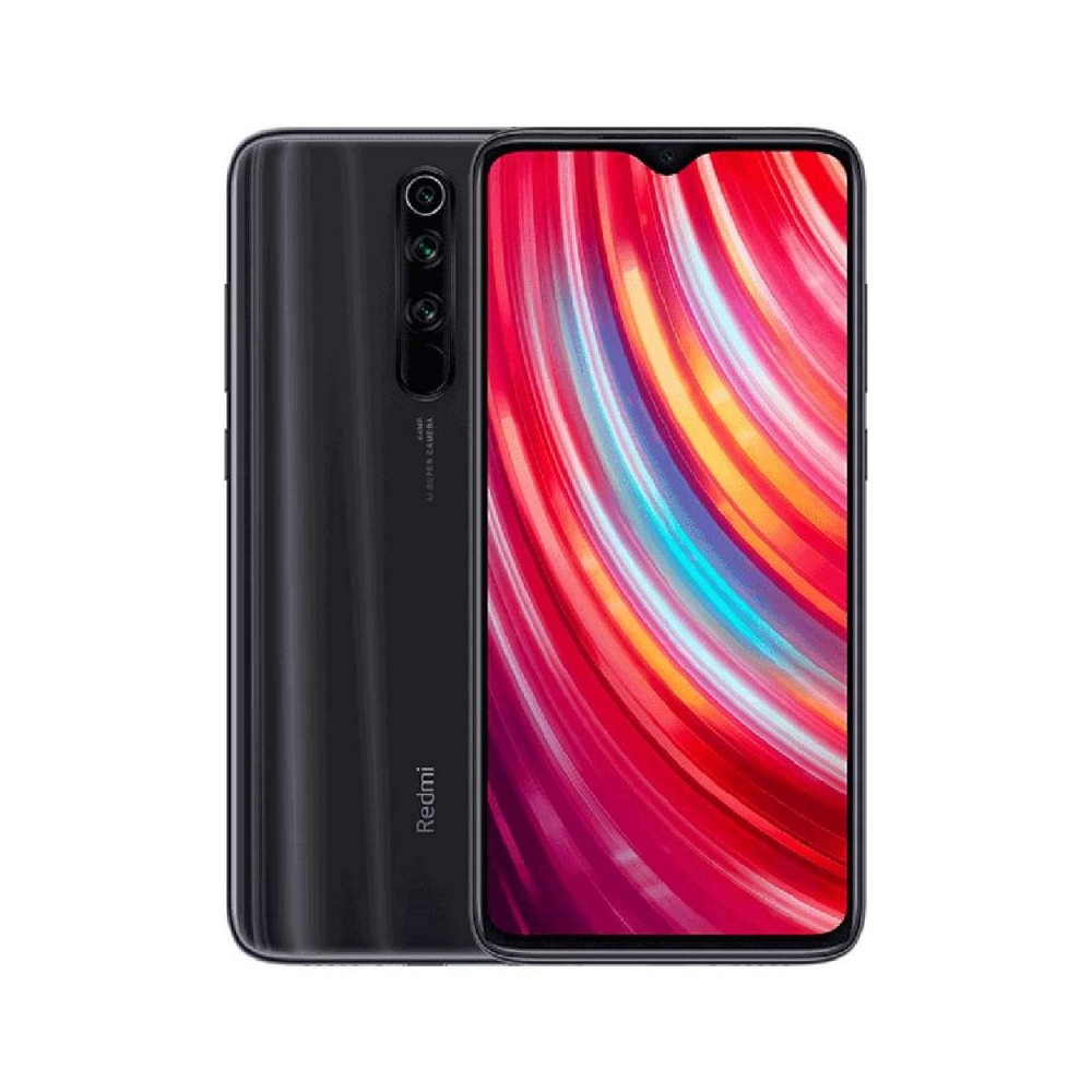 Un smartphone negro con triple cámara y logo Redmi trasero.