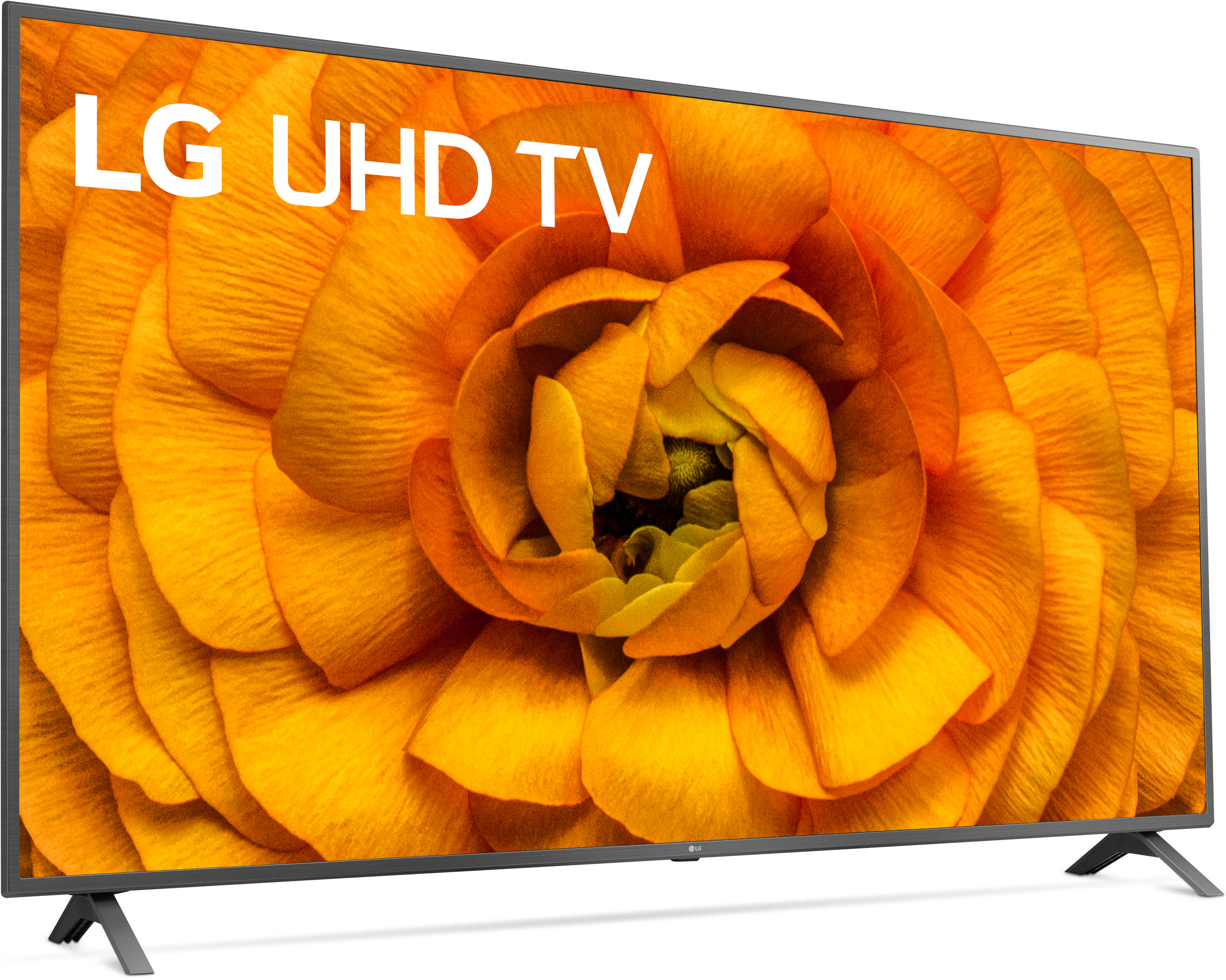 Ein LG UHD TV, der ein oranges Blumenmuster zeigt, aus einer schrägen Perspektive.