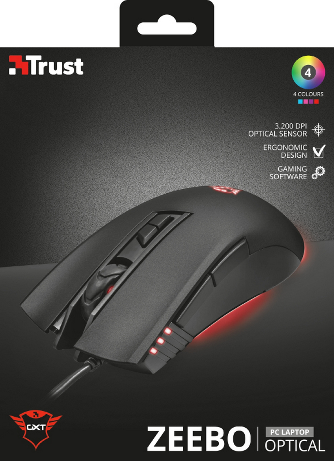Ratón gaming - Trust GXT 121 Zeebo, Por cable, 3200 ppp, Retroiluminado, Óptico, Negro