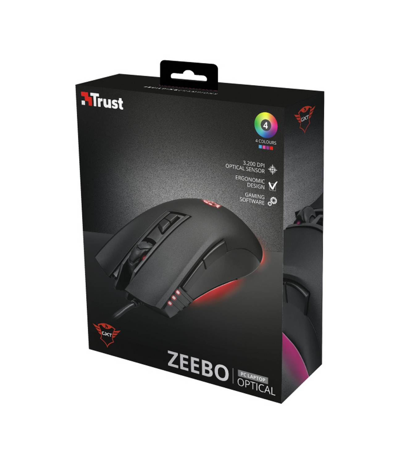 Ratón gaming - Trust GXT 121 Zeebo, Por cable, 3200 ppp, Retroiluminado, Óptico, Negro