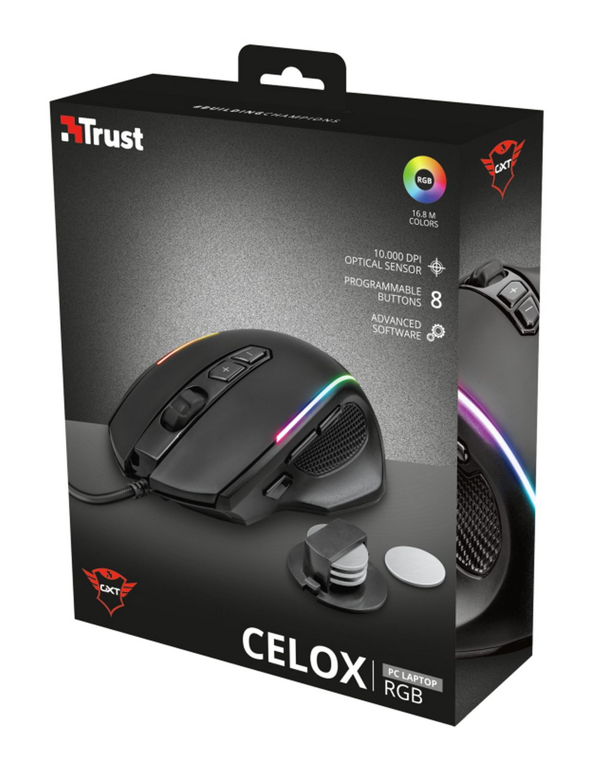 Ratón gaming - Trust GXT 165 Celox, Por cable, 10000 ppp, Retroiluminado, Negro