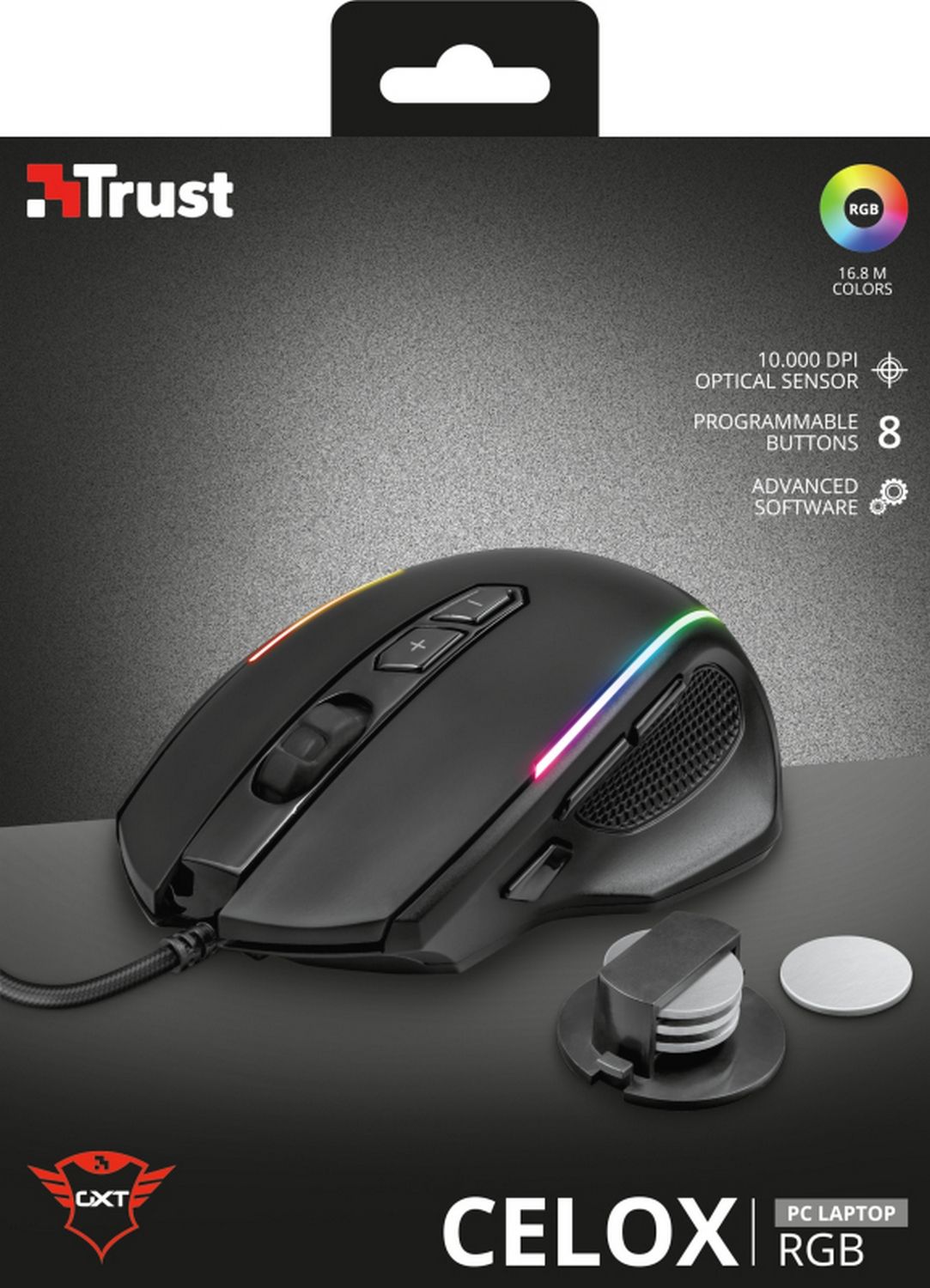 Ratón gaming - Trust GXT 165 Celox, Por cable, 10000 ppp, Retroiluminado, Negro