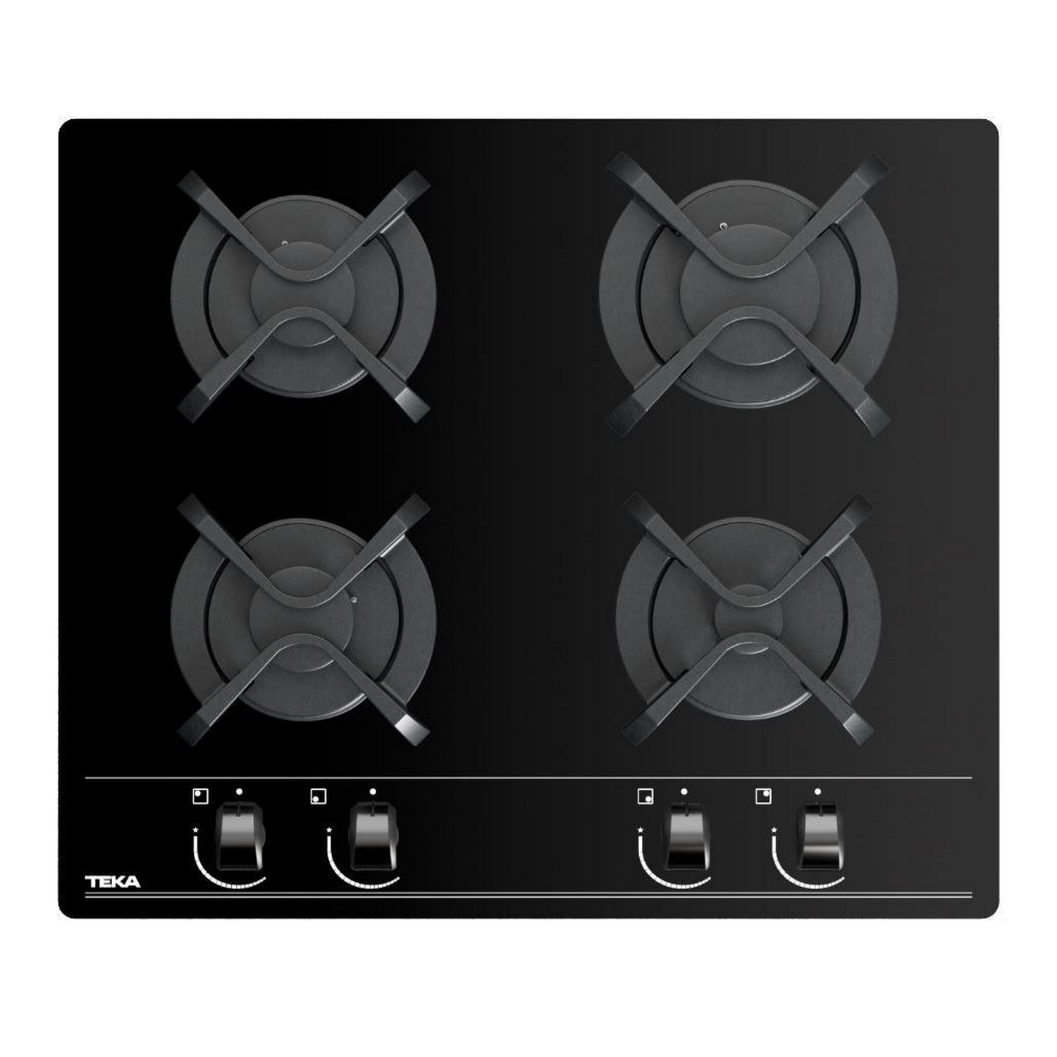 Placa de cocina negra con cuatro fuegos y mandos.