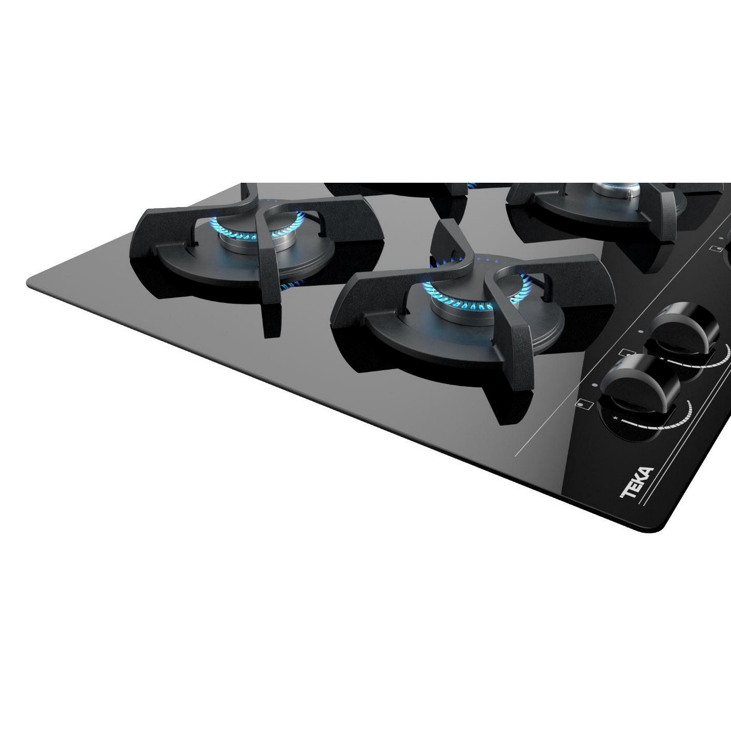 Encimera de vidrio negro con cuatro quemadores y perillas de control, toma cercana.