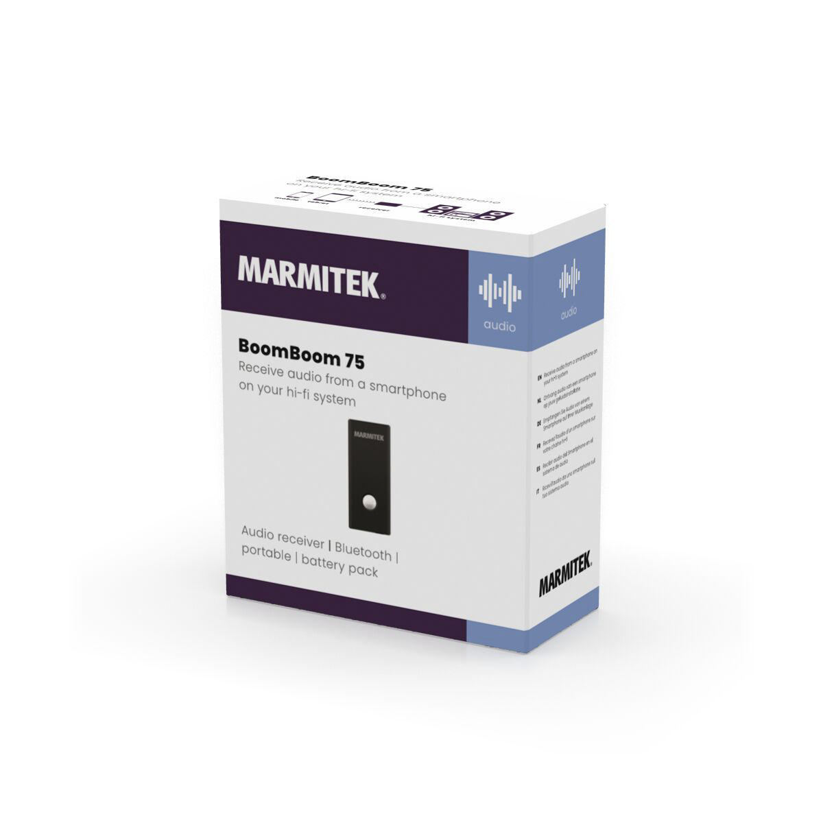 Karton mit der Aufschrift Marmitek BoomBoom 75. Empfängt Audio vom Smartphone.