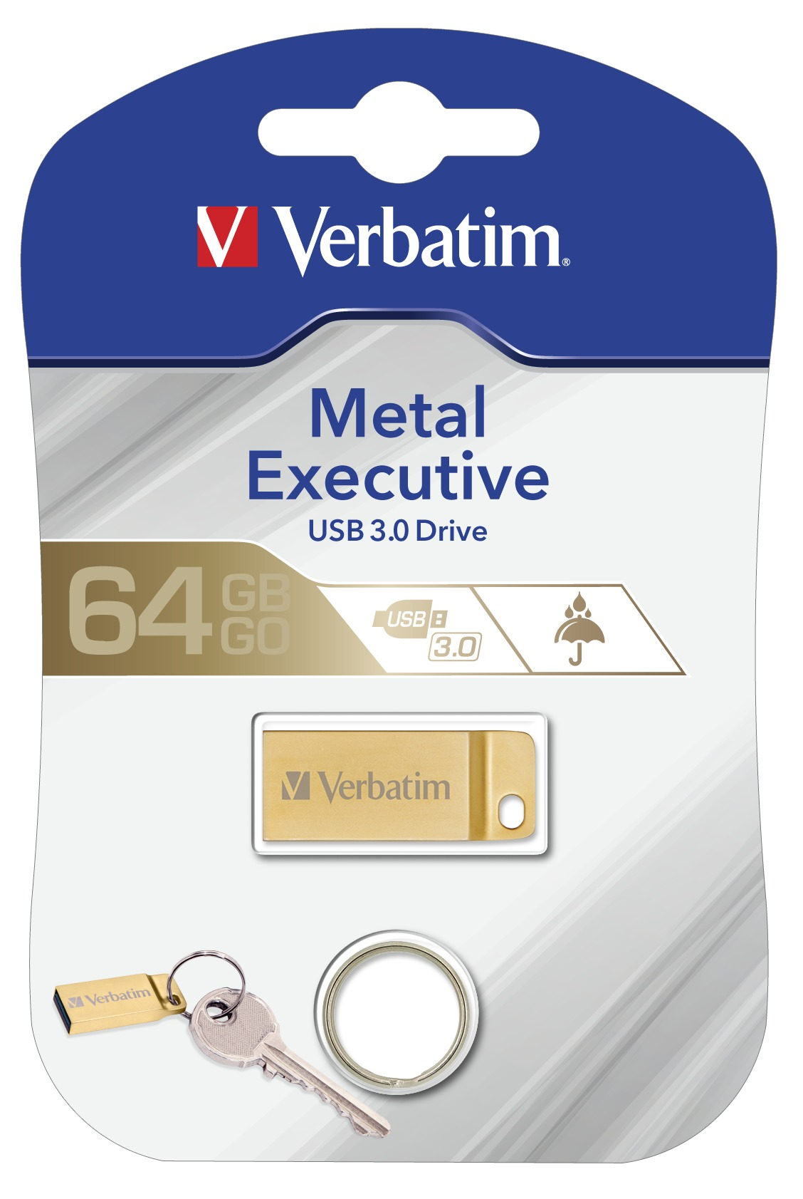 Verbatim USB-Stick-Verpackung. USB-Stick, Schlüssel, Schlüsselring. Blaues und silbernes Design.