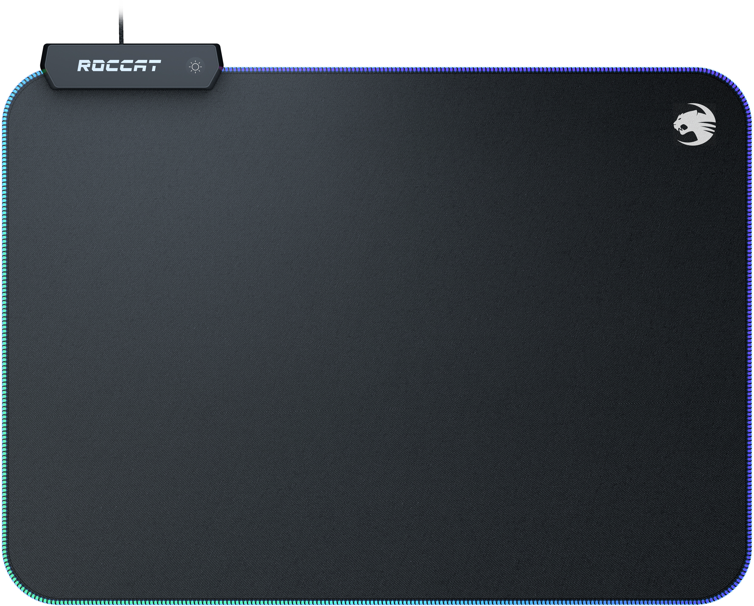 Un tapis de souris de jeu noir avec un logo et une bande lumineuse autour.