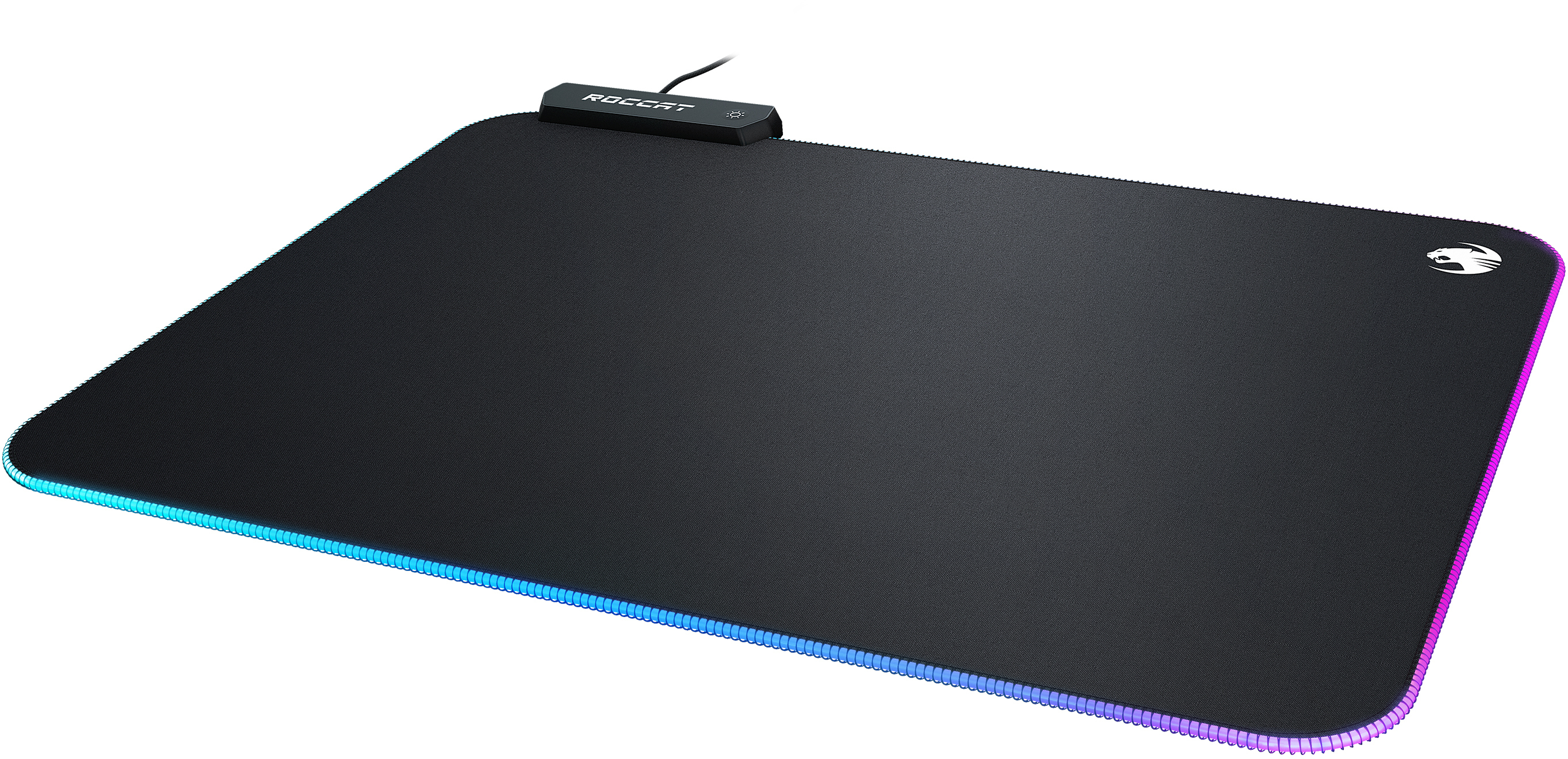 Tapis de souris rectangulaire noir avec éclairage RGB sur les bords, avec logo Roccat.